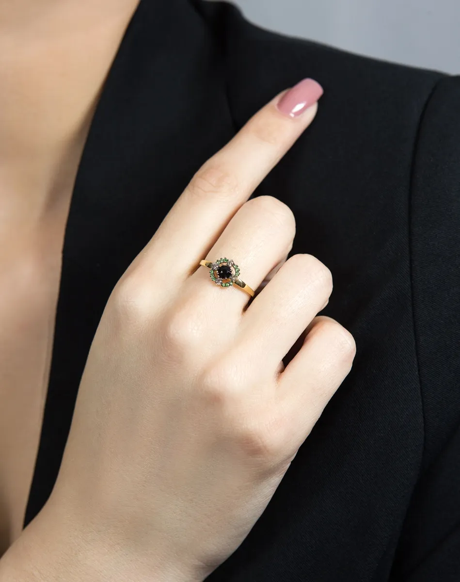 Anel de Ouro 18k com safira black, tsavorita e diamantes brown