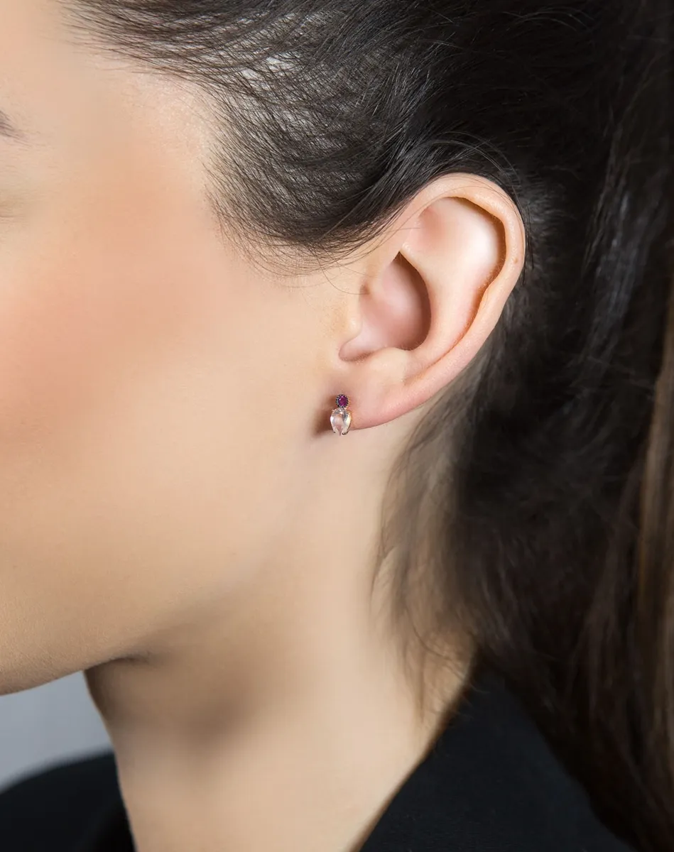 Brinco de Ouro rosê 18k rubis e gota de quartzo rosa