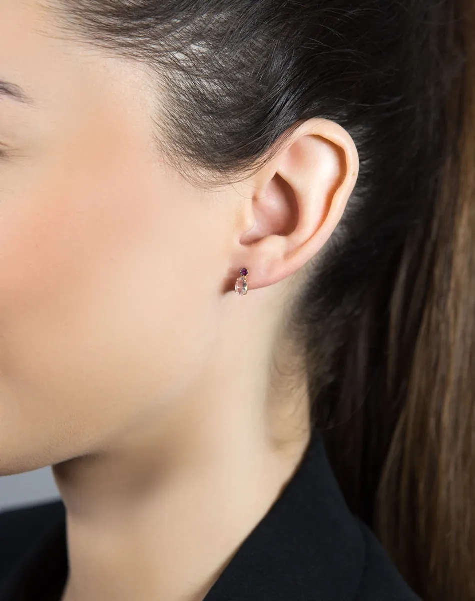 Brinco de Ouro 18k com rubi e gota oval de quartzo rosa