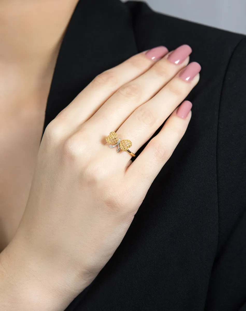 Anel de Ouro 18k laço corações fililigrana com 2,5pts de diamantes