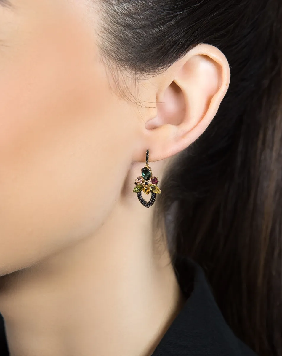 Brinco de Ouro 18k com espinélios e turmalinas coloridas