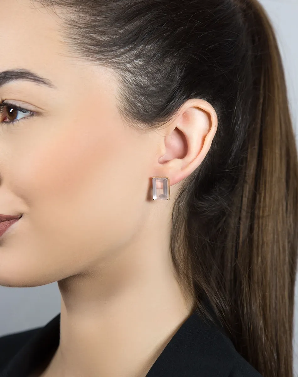 Brinco de Ouro 18k baguetes retângulares de cristal rosa