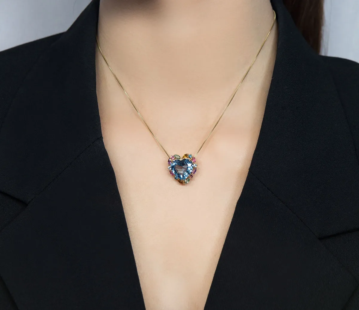 Pingente de Ouro 18k coração topázio sky e gemas coloridas