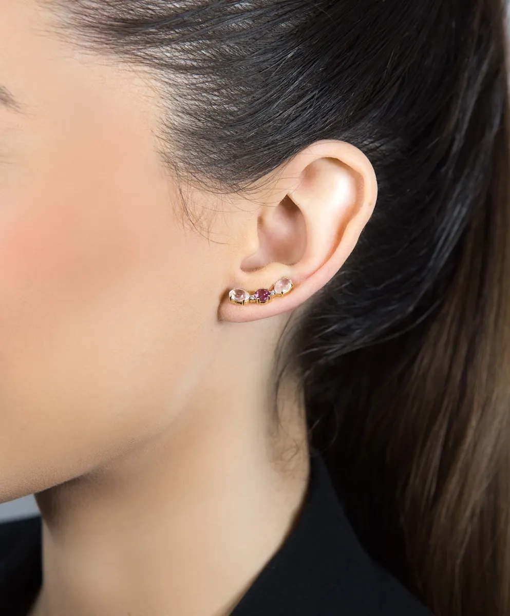 Brinco de Ouro 18k ear cuff de diamantes, turmalina e quartzo rosa