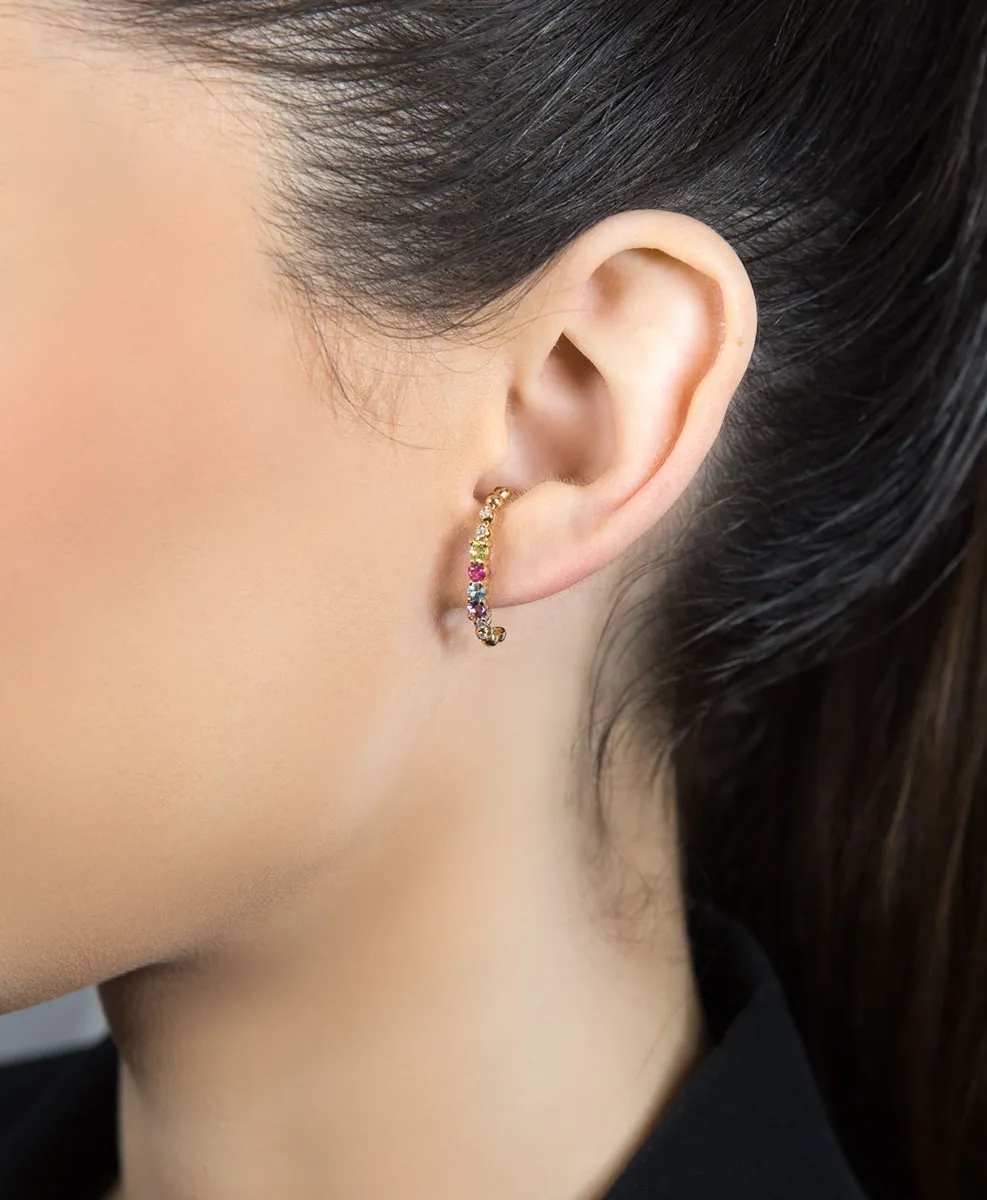 Brinco de Ouro 18k ear hook 8pts de diamantes e gemas brasileiras