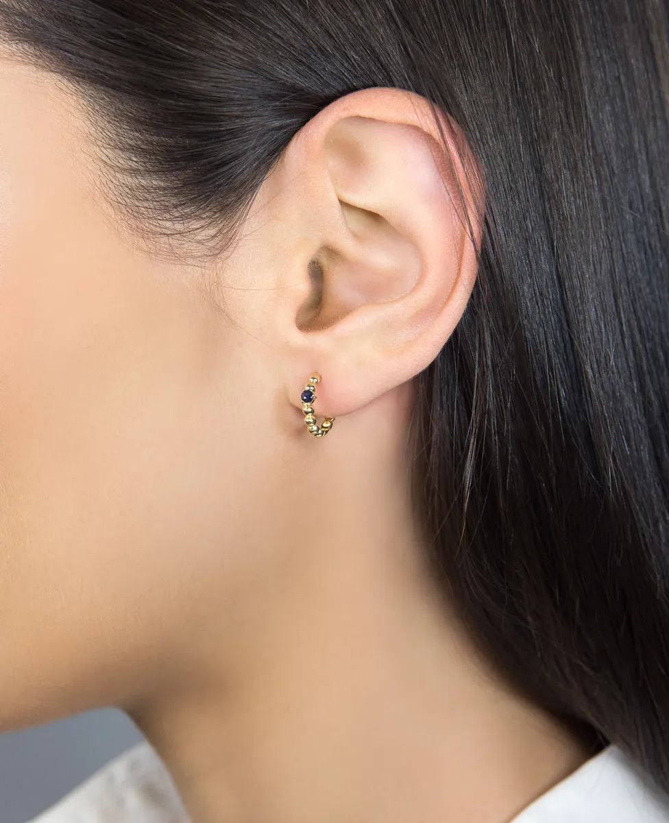 Brinco de Ouro 18k argola bolinhas com gema de safira azul