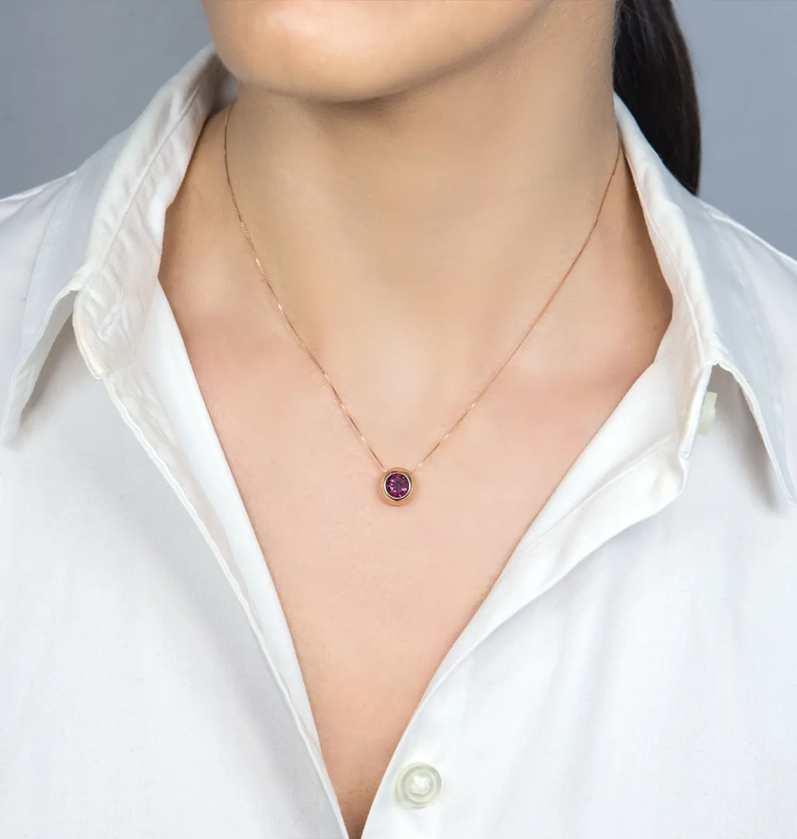 Colar de Ouro 18k pingente redondo de rodolita-45cm
