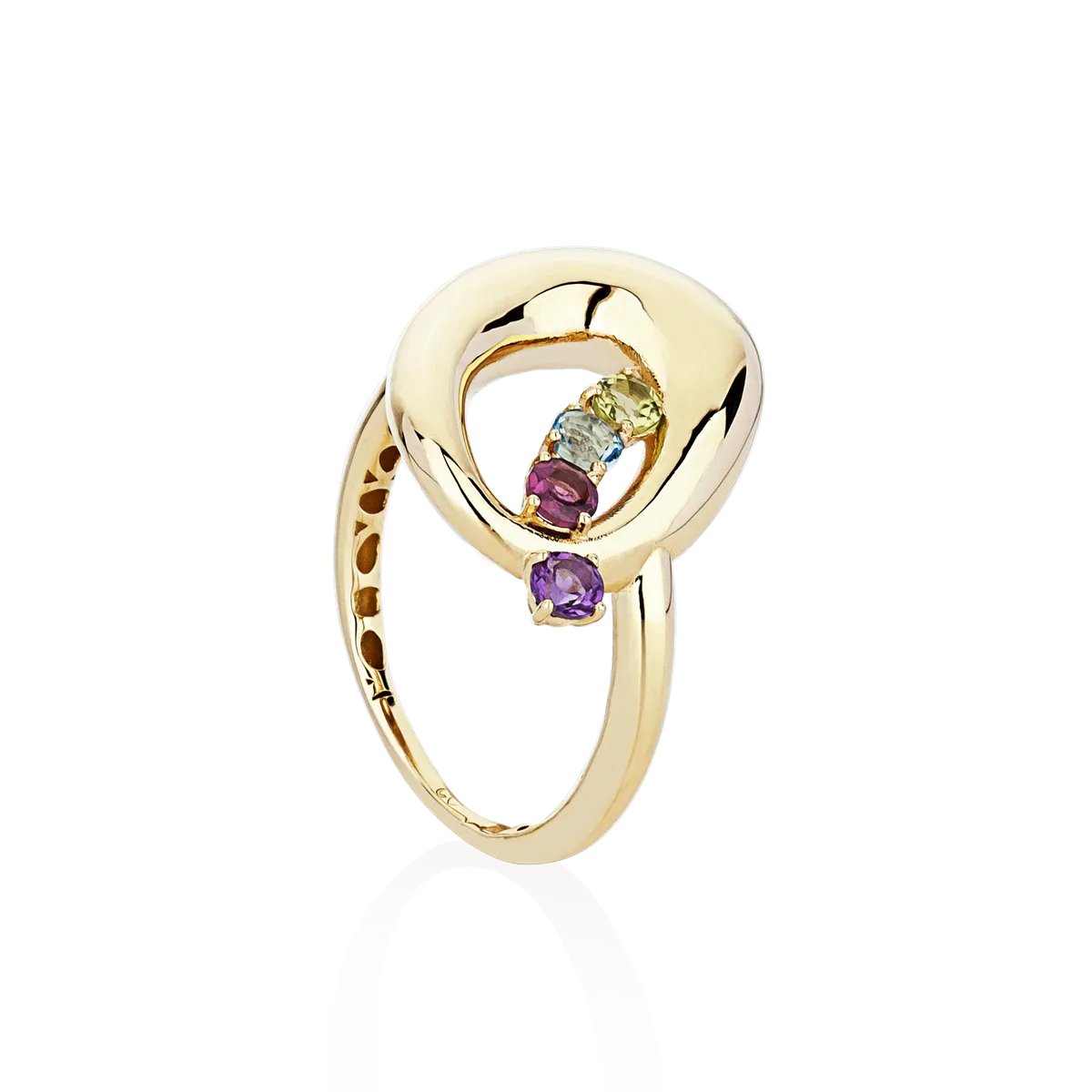 Anel de Ouro 18k círculo geométrico vazado com gemas brasileiras