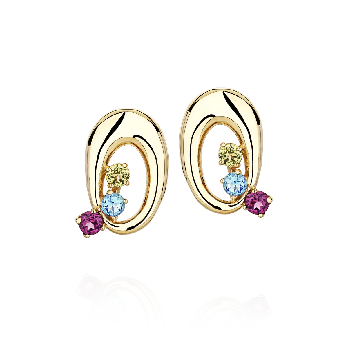 Brinco de Ouro 18k geométrico oval com gemas brasileiras