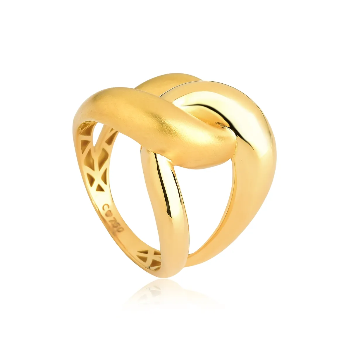 Anel ouro amarelo 18k largo aros entrelaçados fosco e polido