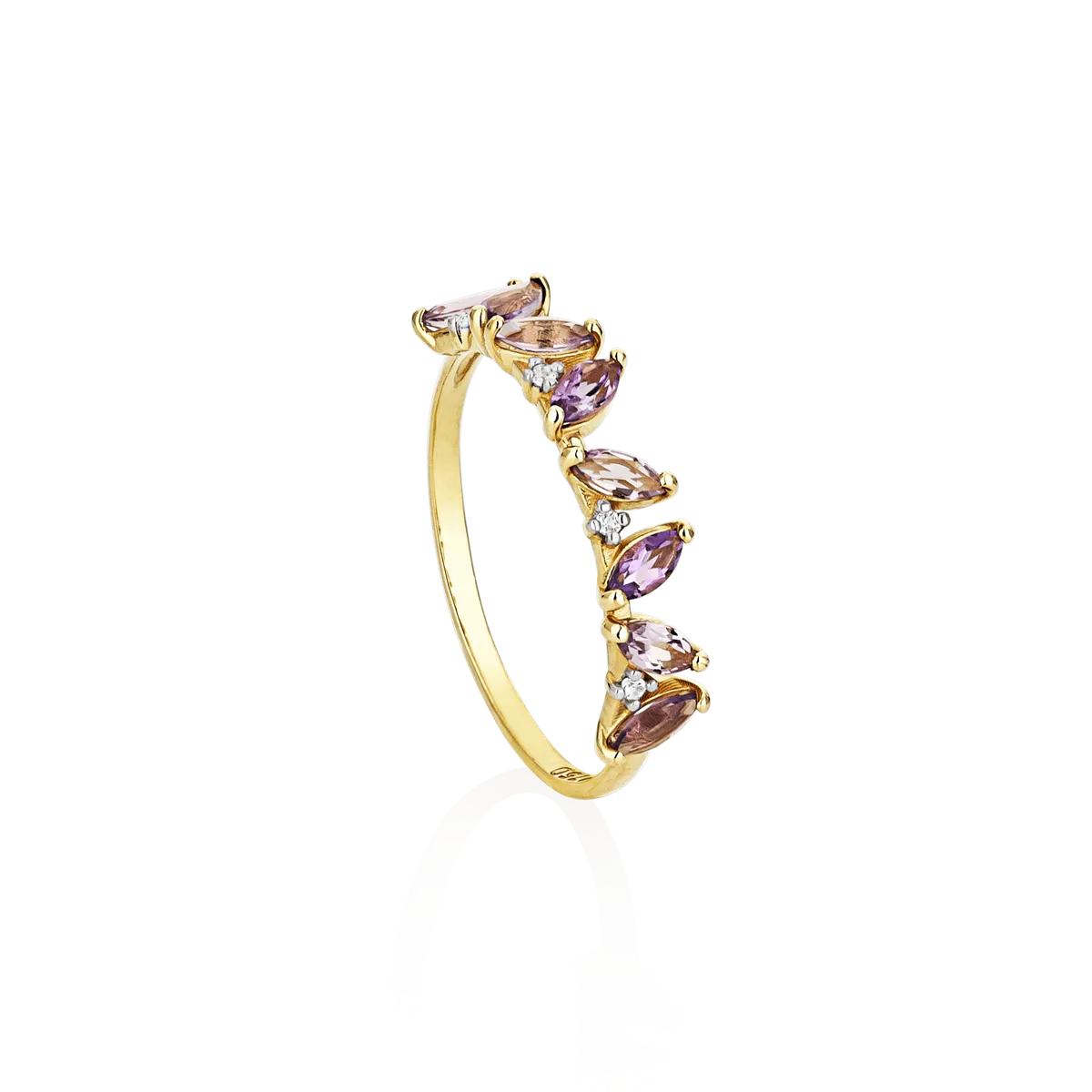 Anel ouro amarelo 18k meia aliança de Ametistas e Topázios brancos