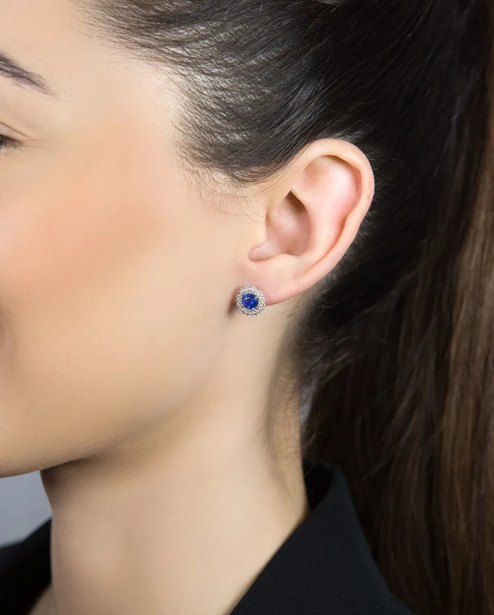 Brinco Soleil stud ouro branco 18k sol gema Safira azul e Diamantes
