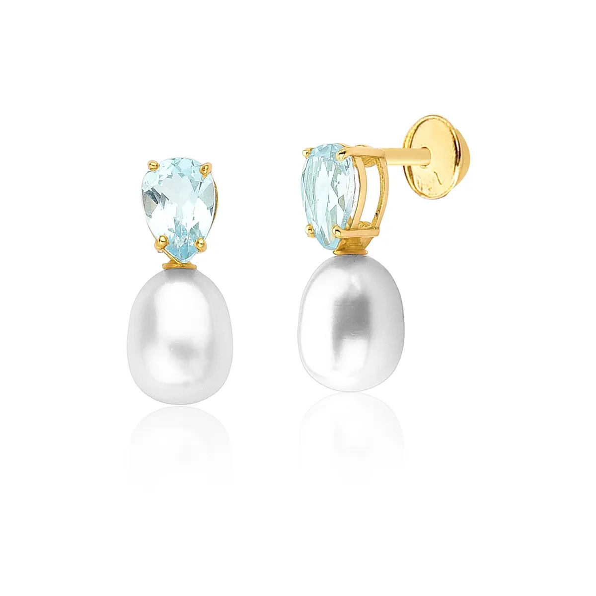 Brinco ouro amarelo 18k com gota de Topázio Sky e Pérola