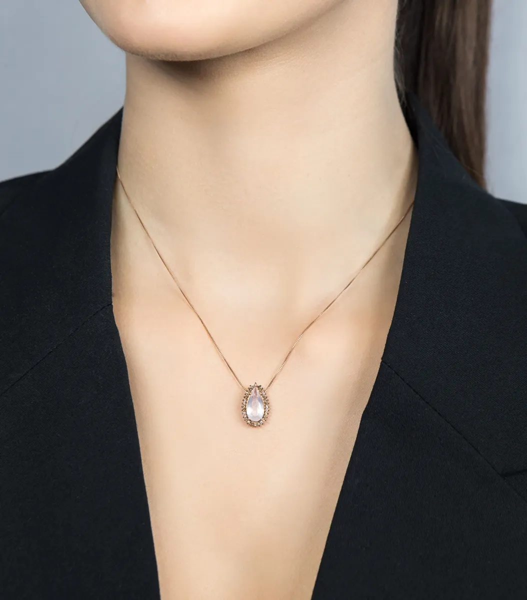 Colar de Ouro rosê 18k com pingente gota de ametista e 15pts de diamantes brown