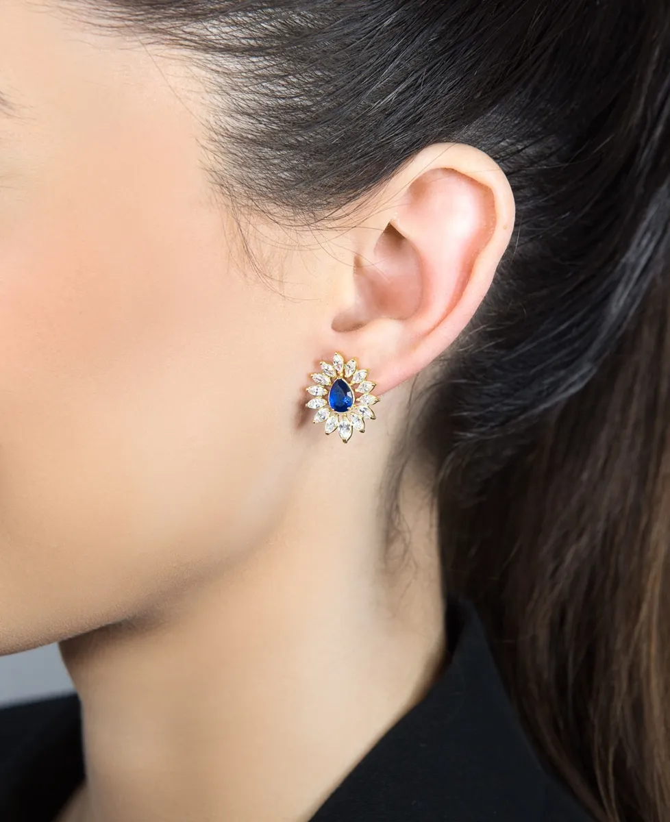 Brinco de Ouro 18k gota de zircônia branca e azul