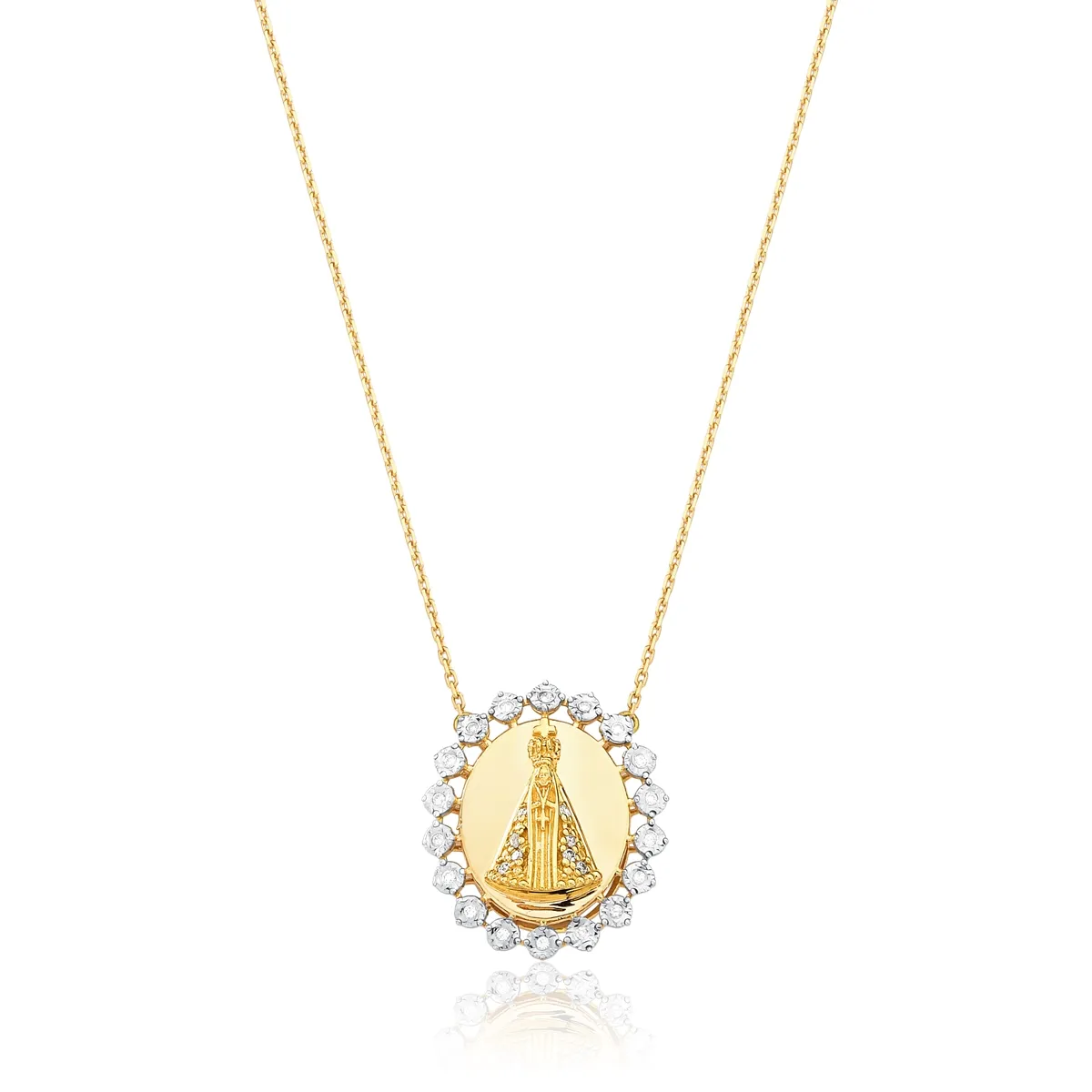 Colar ouro 18k medalha de N.S.Aparecida e Diamantes 40/45cm