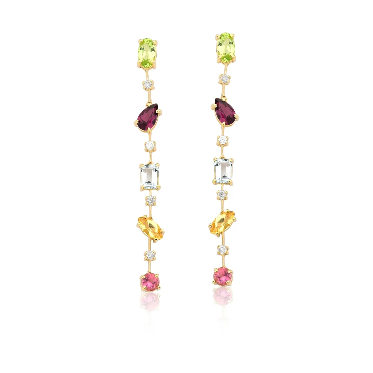 Brinco de Ouro 18k  pêndulo de mix de gemas brasileiras e diamantes Coleção Riva