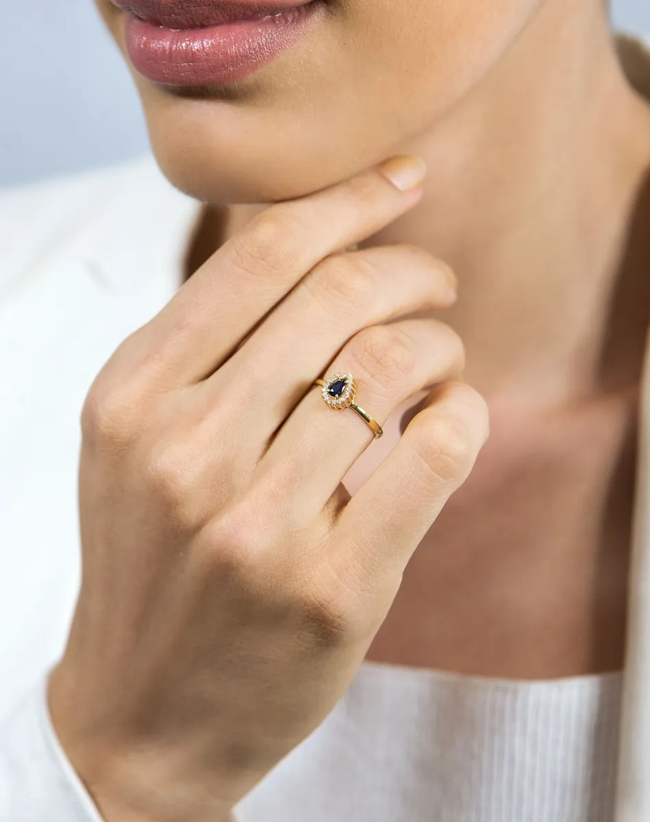 Anel de Ouro 18k gota de Safira Azul com Diamantes