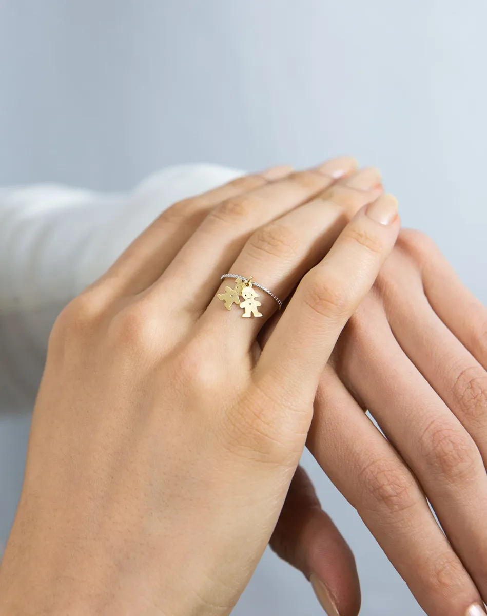 Anel de Ouro 18k meia aliança de de Diamante com pingentes Menino e Menina