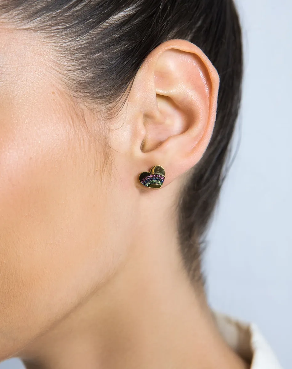 Brinco de Ouro 18k corações polidos com Rubis, Safiras e Esmeraldas