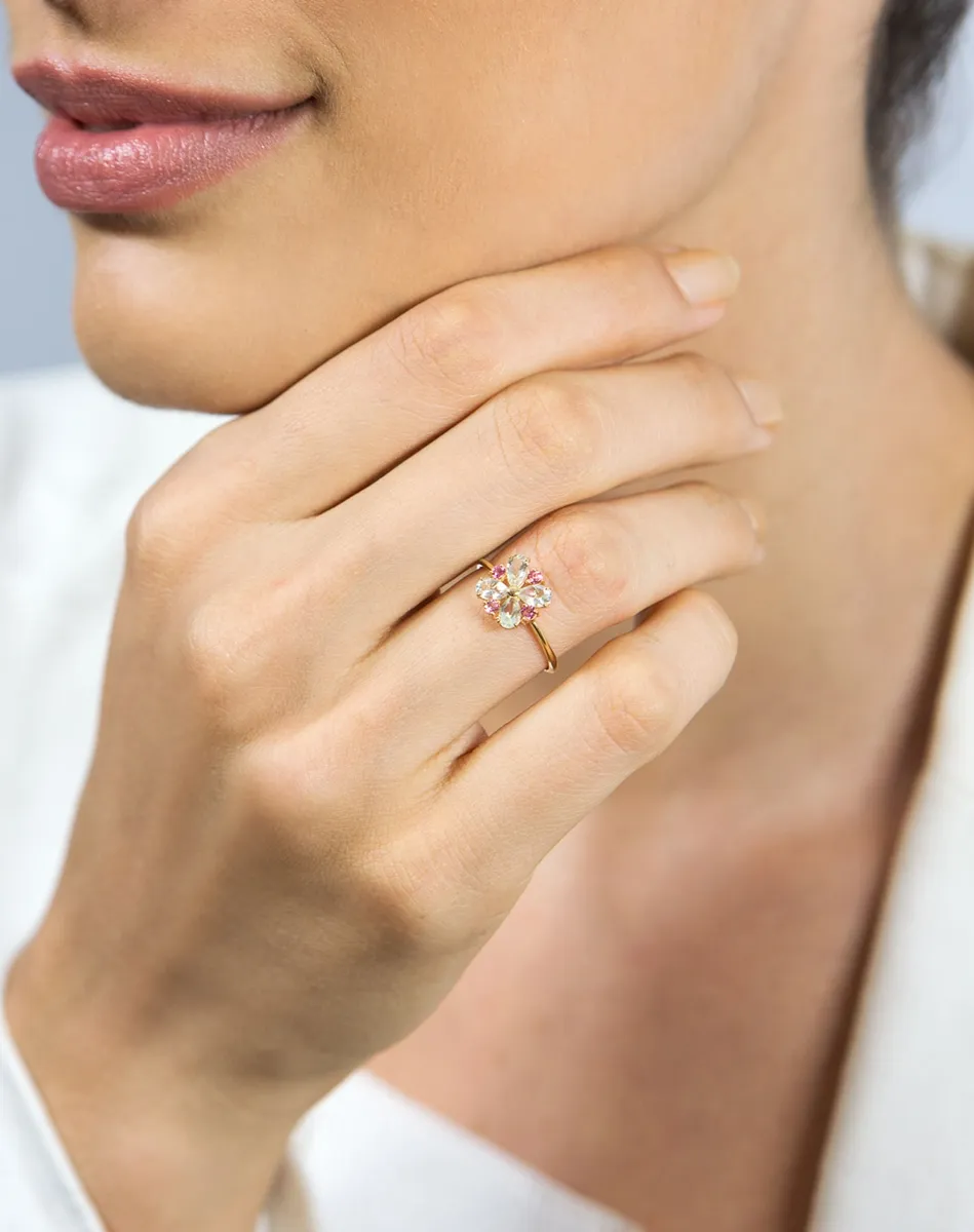 Anel flor ouro 18k com Turmalinas rosa e Prasiolitas