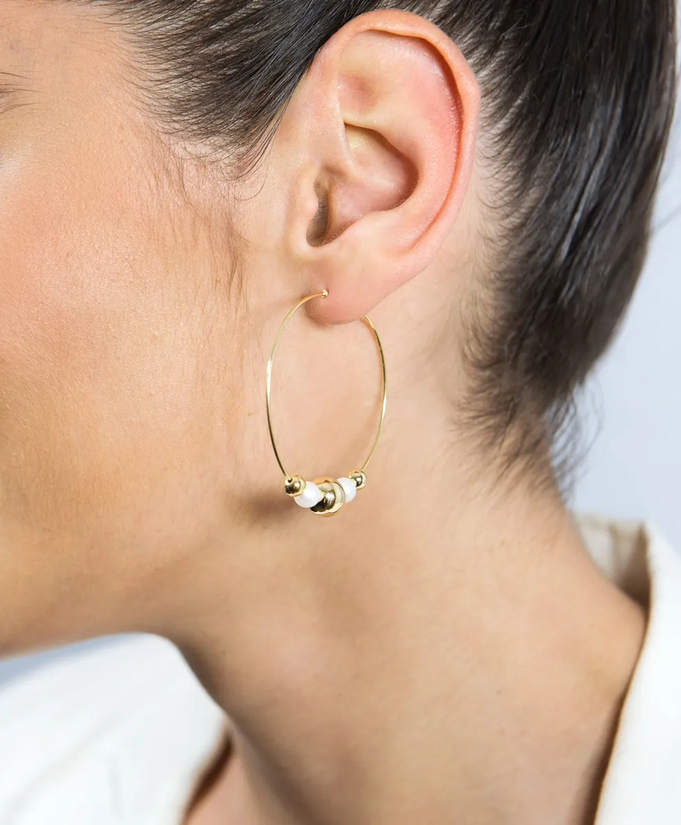 Brinco de Ouro 18k argola com pérolas e bolas polidas