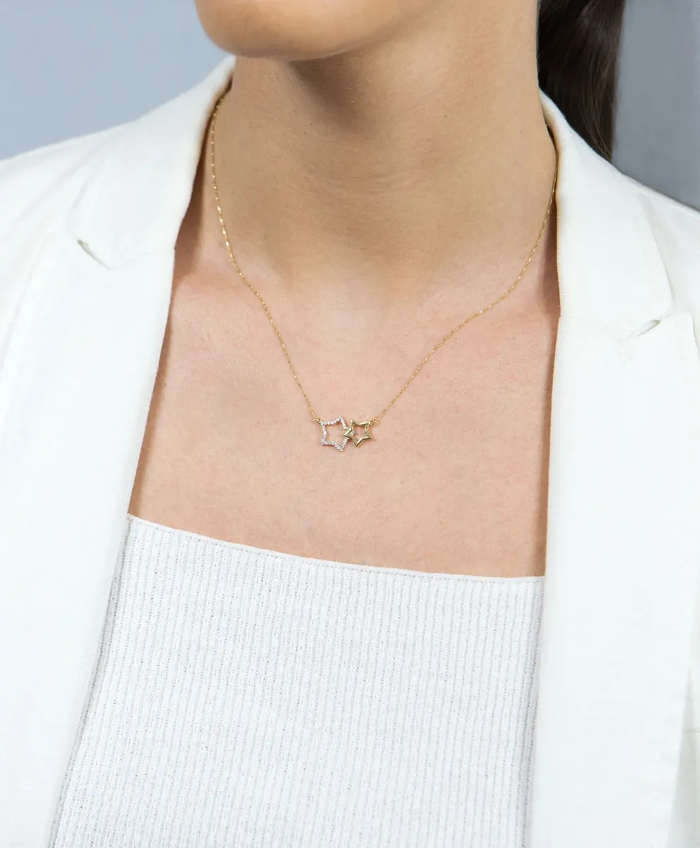 Colar de Ouro 18k gargantilha estrelas vazadas unidas com Diamantes