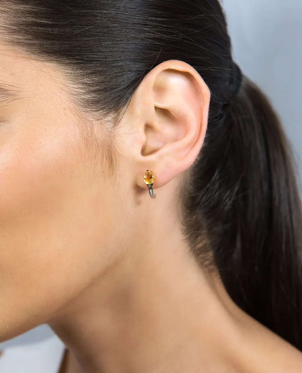 Brinco de Ouro 18k gota de Citrino com Diamantes Brown