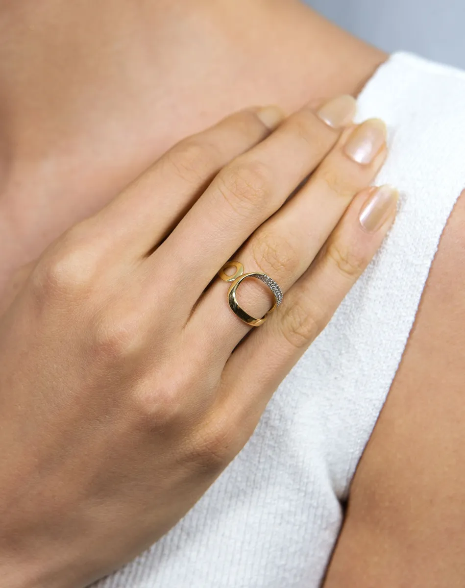 Anel de Ouro 18k aro aberto curvas vazadas com Diamantes