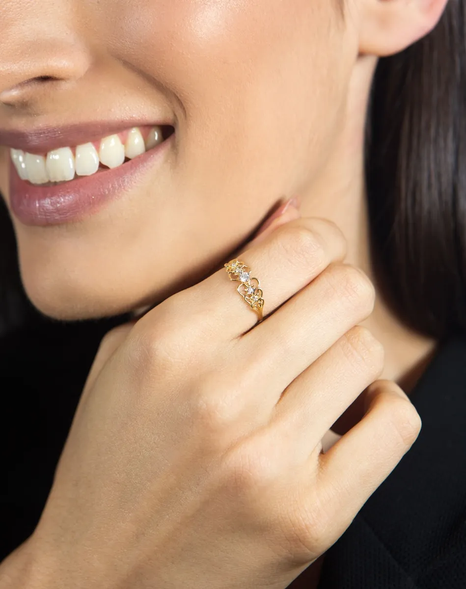 Anel de Ouro 18k aro corações sobrepostos com Diamantes