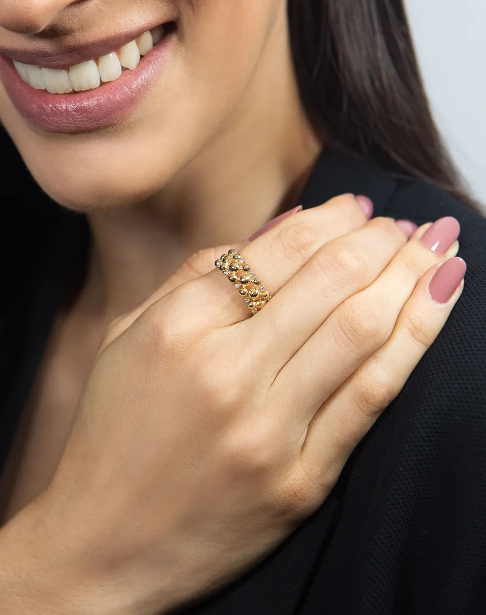 Anel de Ouro 18k três aros de bolinhas com Diamantes