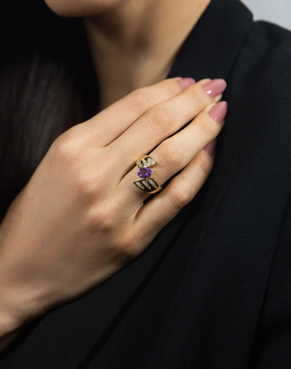 Anel de Ouro 18k aro aberto com gema de Ametista e Diamantes