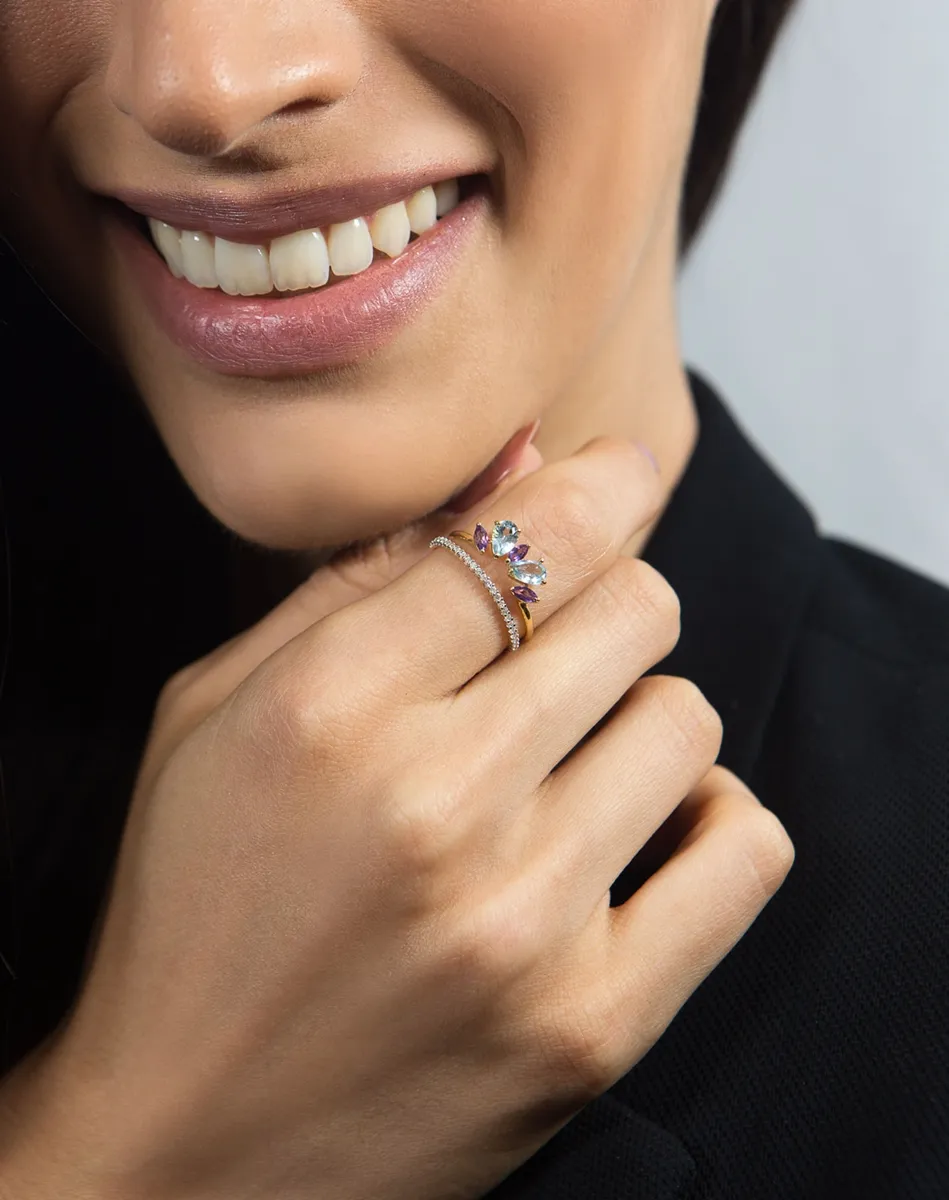 Anel de Ouro 18k meia aliança de Diamantes e Gemas brasileiras