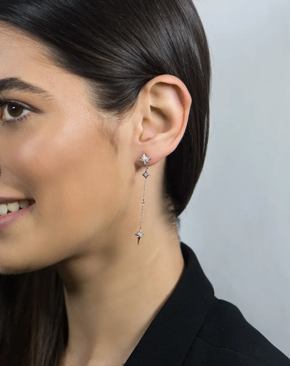 Brinco de Ouro branco 18k pêndulo estrelas com Diamantes