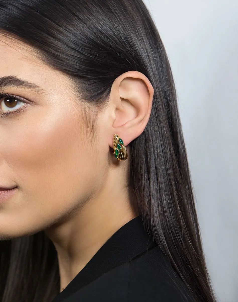 Brinco de Ouro 18k plissê polido com navetes de Crisoprásio