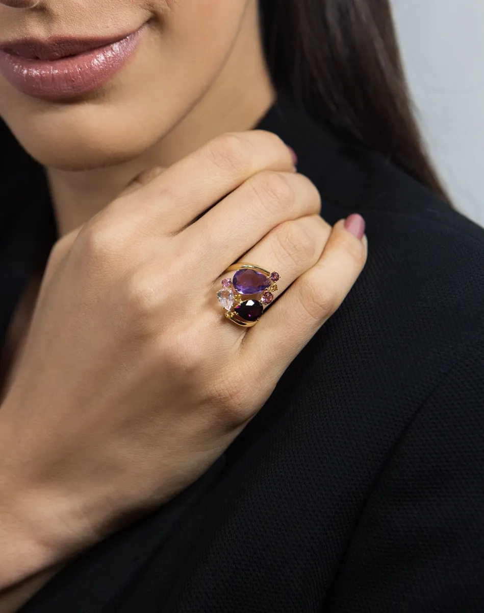 Anel de Ouro 18k aro polido com mix de Gemas brasileiras