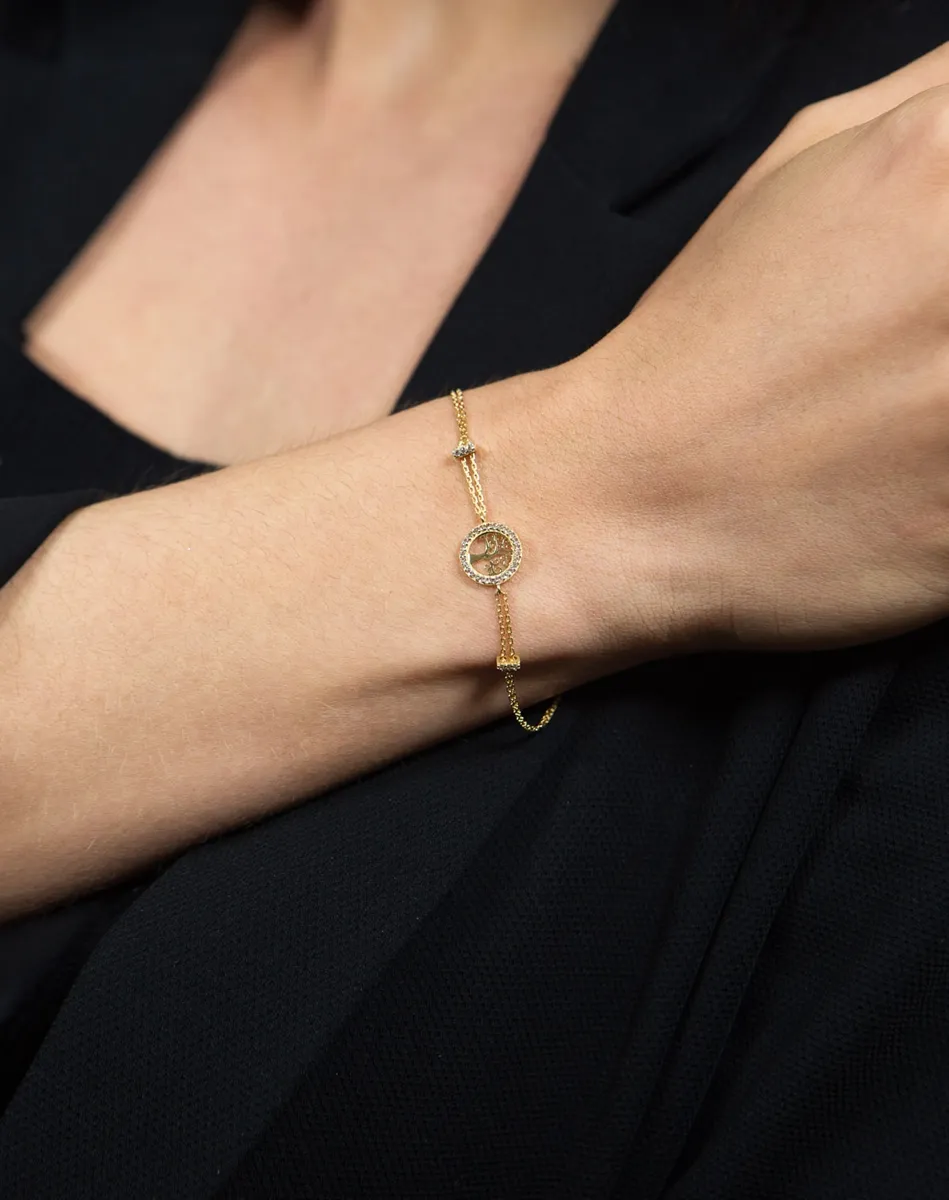 Pulseira de Ouro 18k com pingente árvore da vida e Topázios brancos