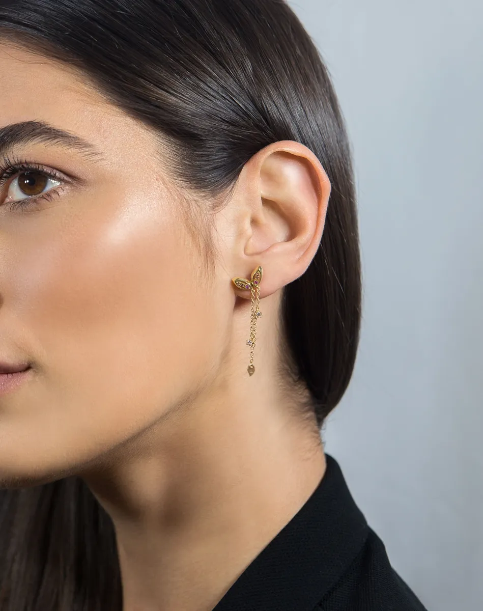 Brinco de Ouro 18k pêndulo com Rubi, Rodolita e Diamantes