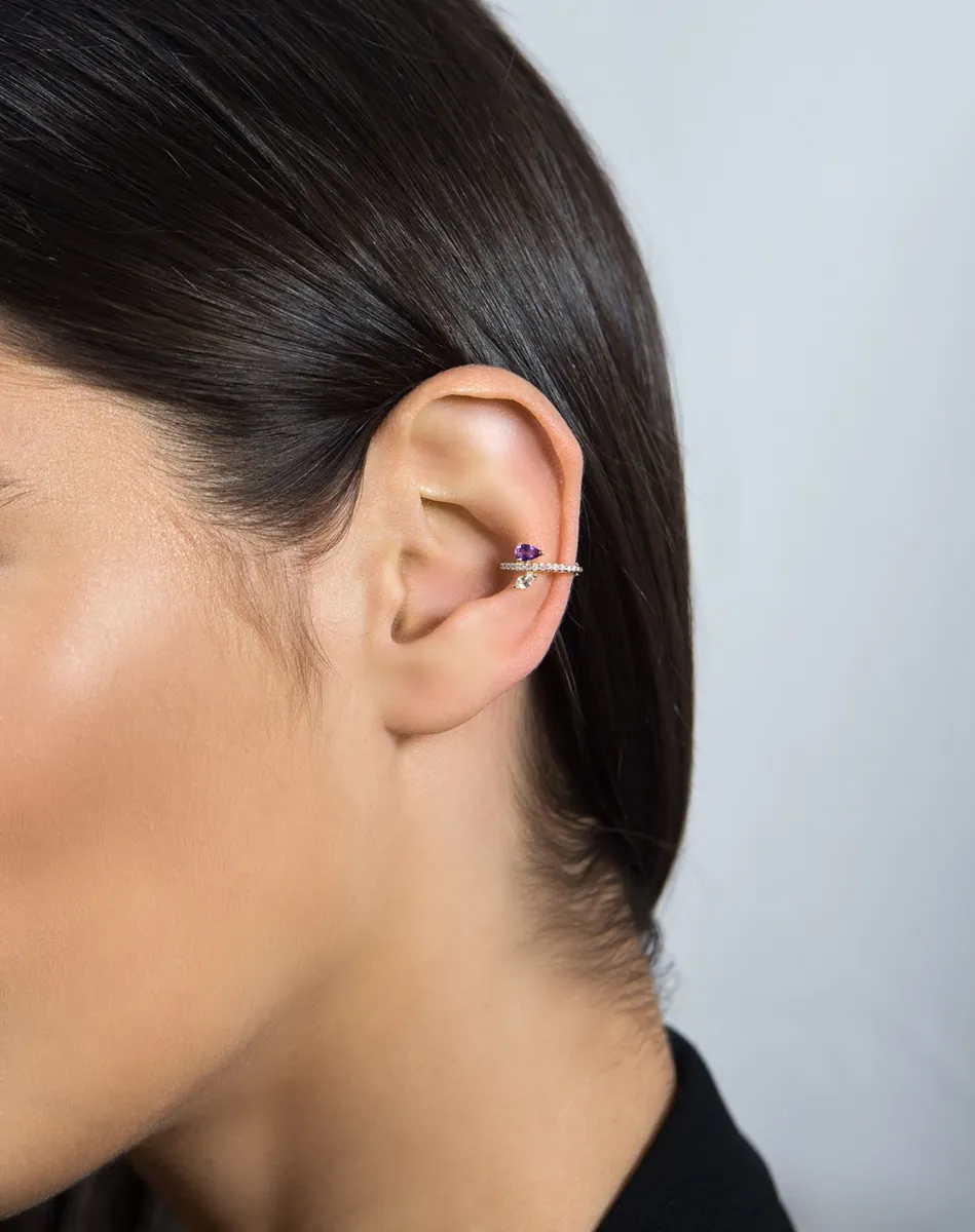 Piercing de orelha Ouro 18k gancho com Diamantes,Topázio e Ametista