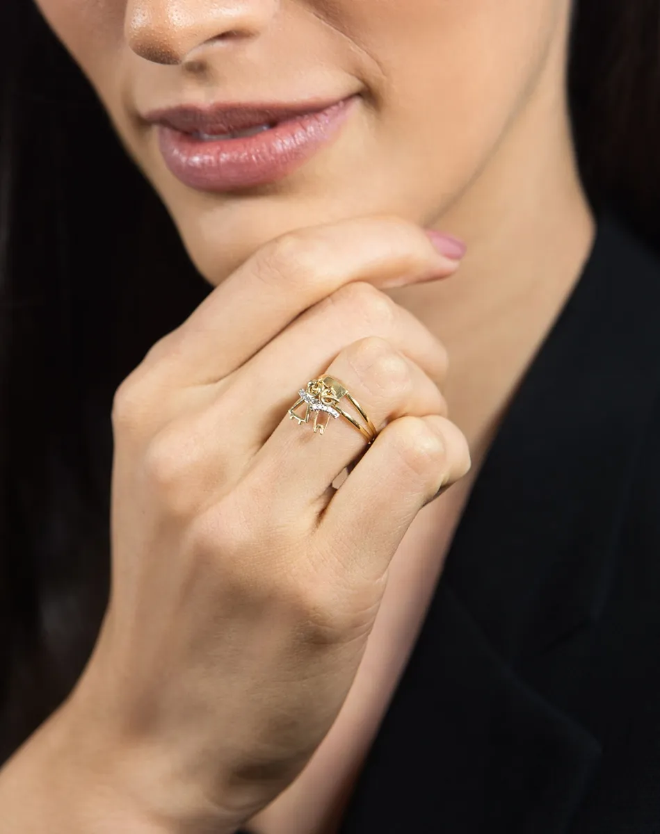 Anel de Ouro 18k vazado e pingente Menino e Menina com Diamantes