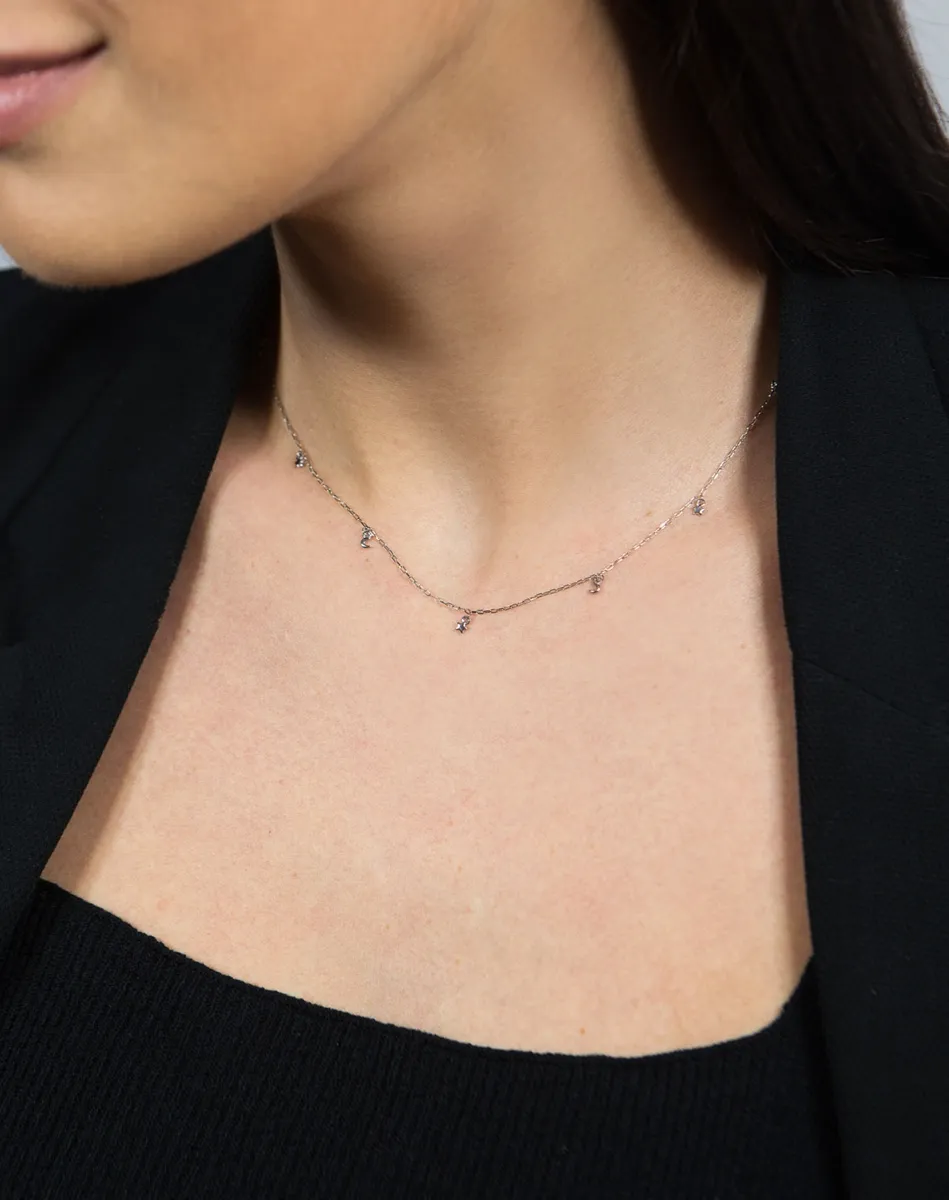 Colar de Ouro branco 18k gargantilha choker com estrelas e luas-40cm
