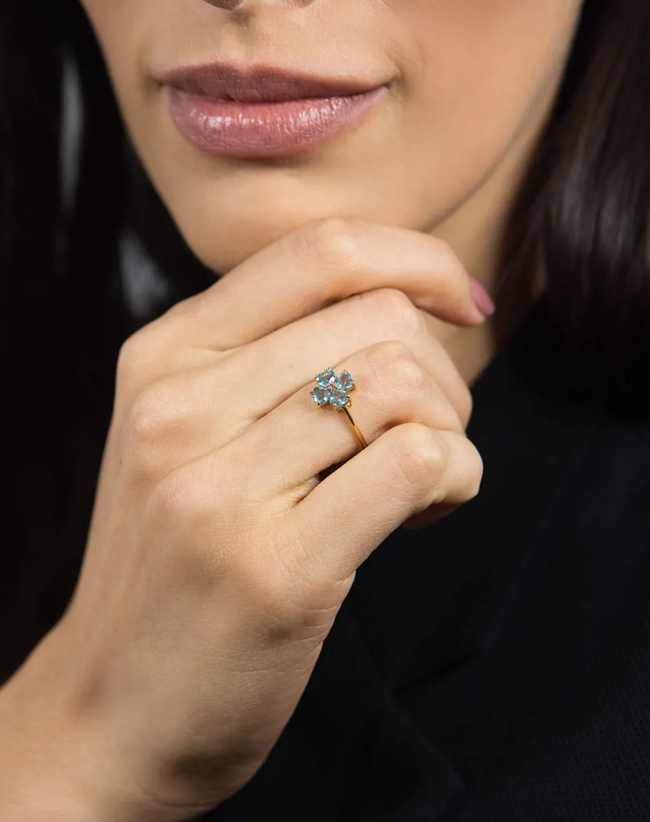 Anel de Ouro 18k flor corações de Ropázio Sky e Turmalina Rosa