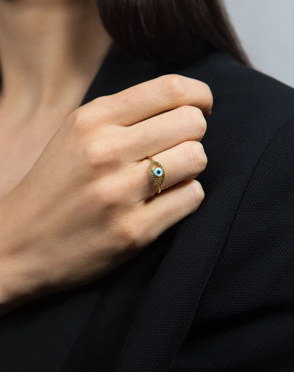 Anel de Ouro 18k olho grego de Tsavorita e Madrepérola