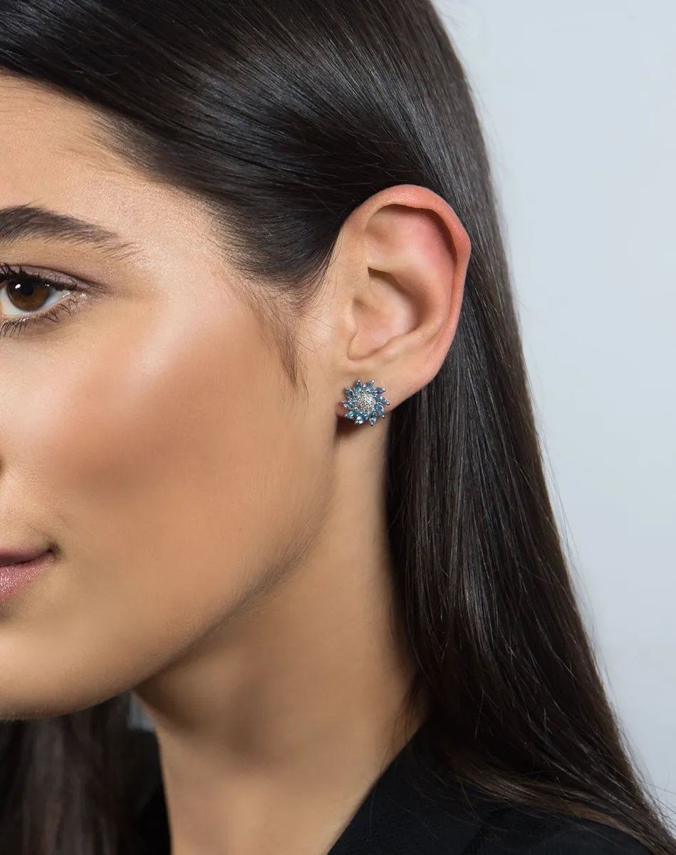 Brinco de Ouro branco 18k sol com Diamantes e Topázios Swiss