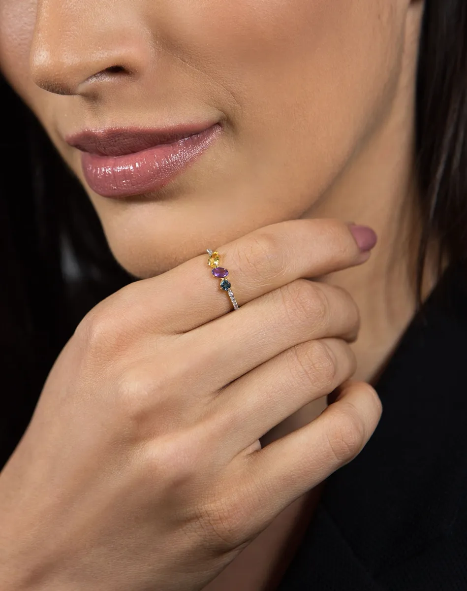 Anel de Ouro 18k meio aro de Diamantes e mix de Gemas brasileiras