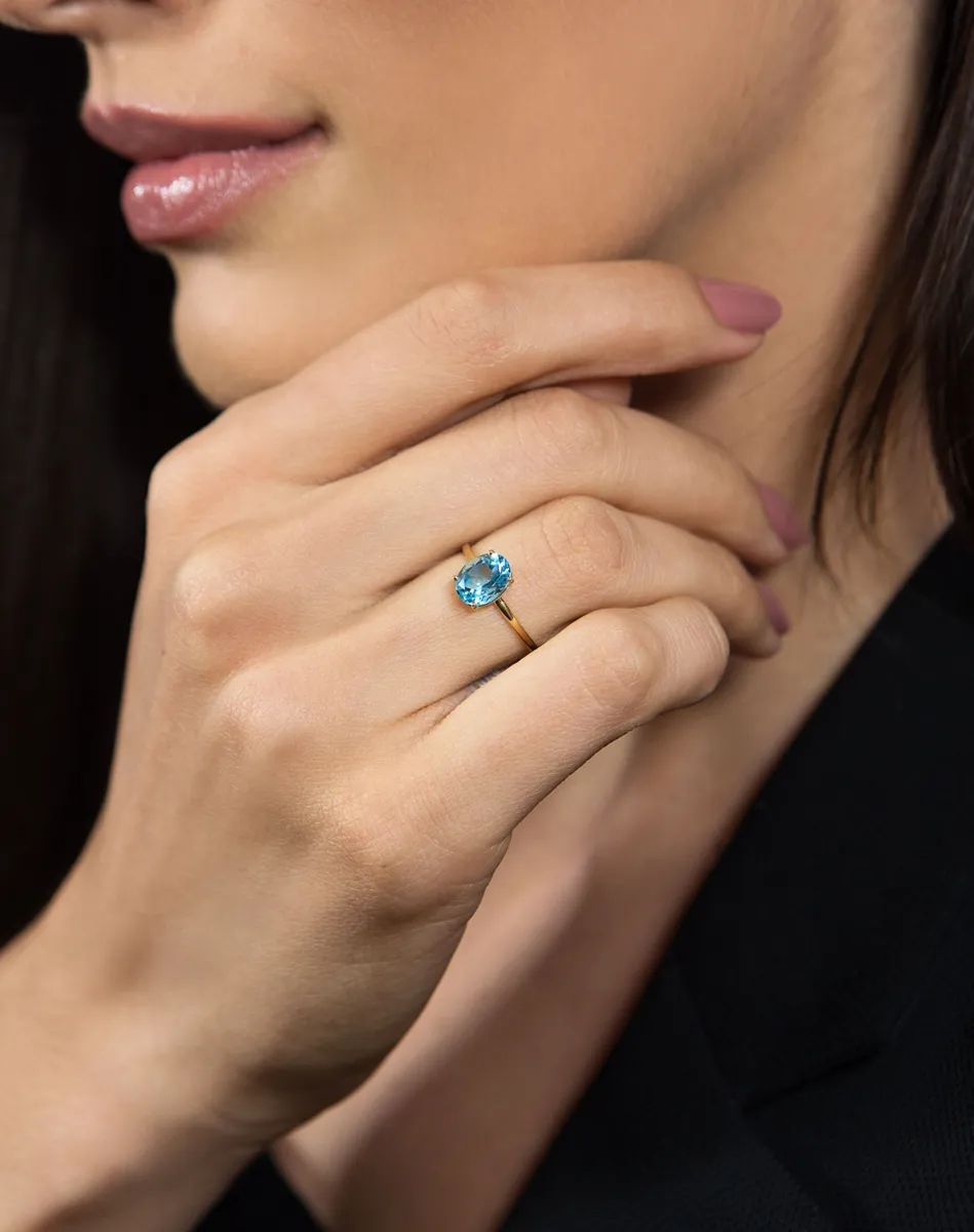 Anel de Ouro 18k aro com gota oval de Topázio Swiss