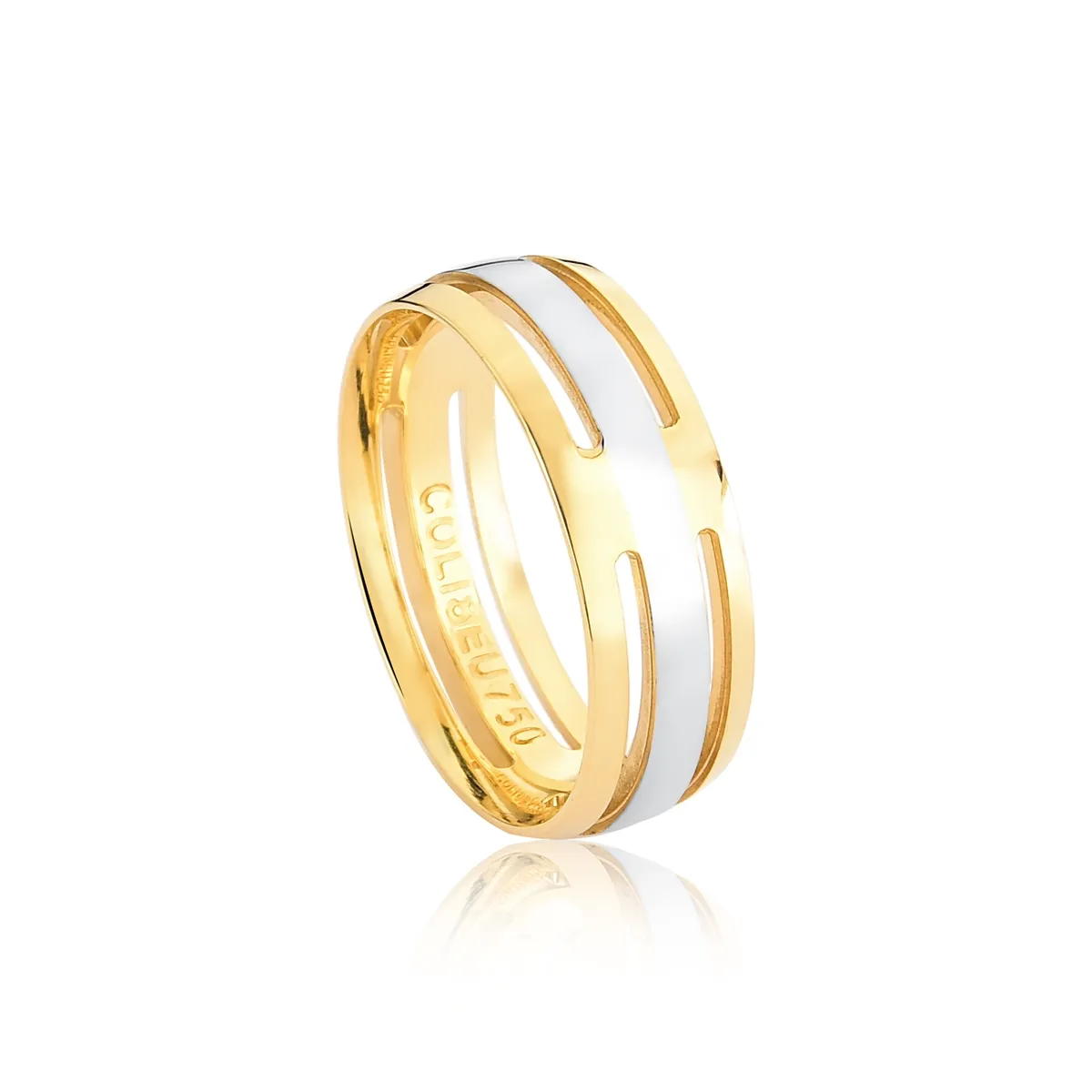 Aliança Per Amore ouro 18k meia cana friso ouro branco vazada 6MM