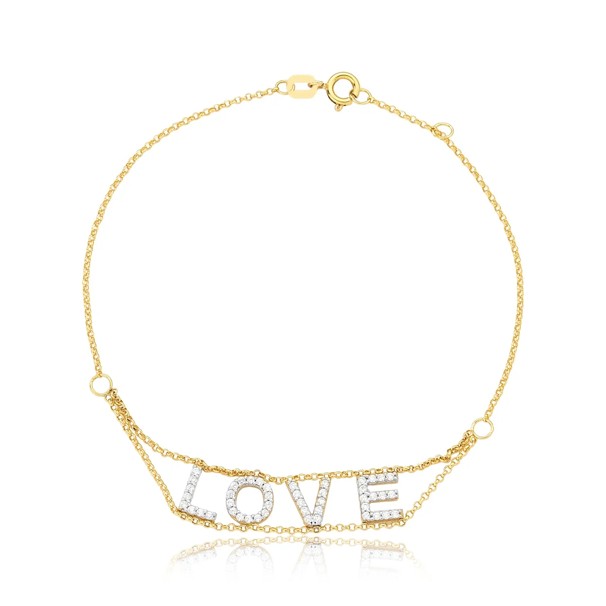 Pulseira de Ouro 18k elo português Love de Zircônias