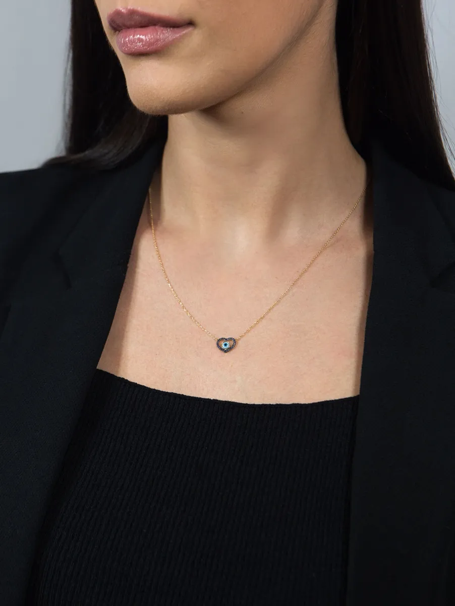 Gargantilha olho grego de Madrepérola ouro 18k coração de Safiras azuis