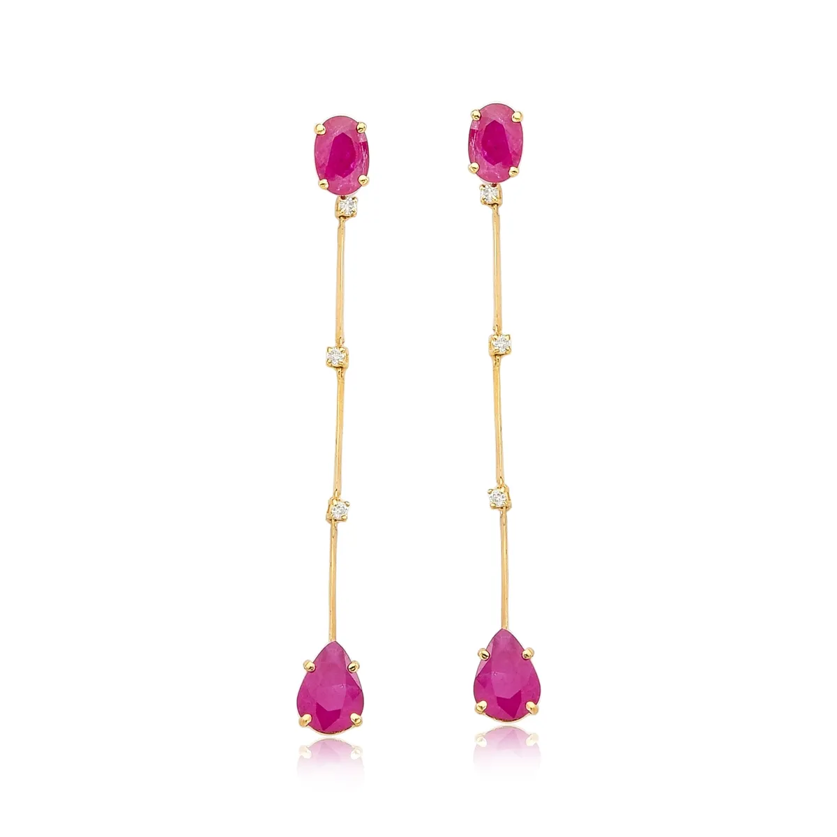 Brinco de Ouro 18k pêndulo com gotas de Rubis Coleção Riva